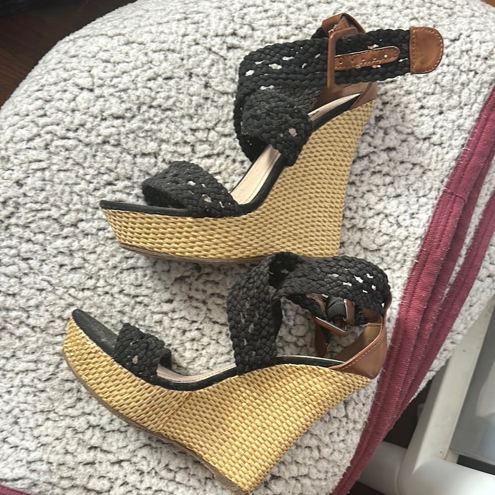 Black and Tan Wedge Sandals